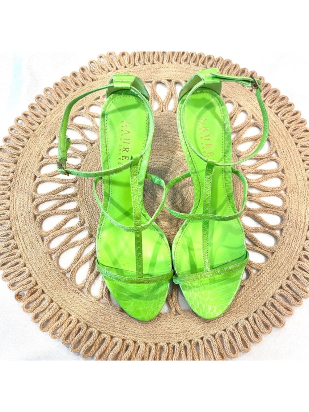 NWOT Lauren Ralph Lauren Green Leather Aida Open Toe Strappy Heels Size 7.5 - Picture 2 of 11